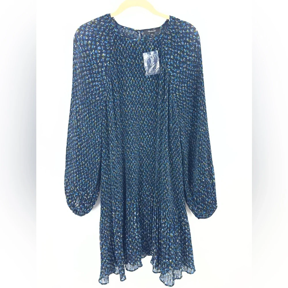 Madewell Crinkle Georgette Mini Dress Womens Size 1X Blue Floral Boho Peasant